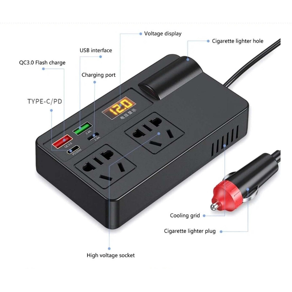 12:24V Car Inverter with Dual 200W USA output image 3