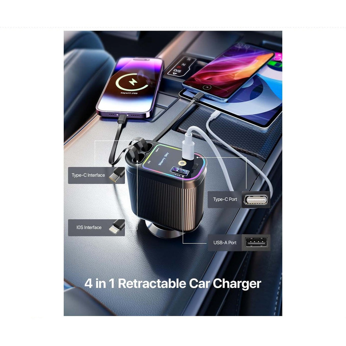 4-in-1 Retractable Car Charger LED Starlight PD 120W product image 3