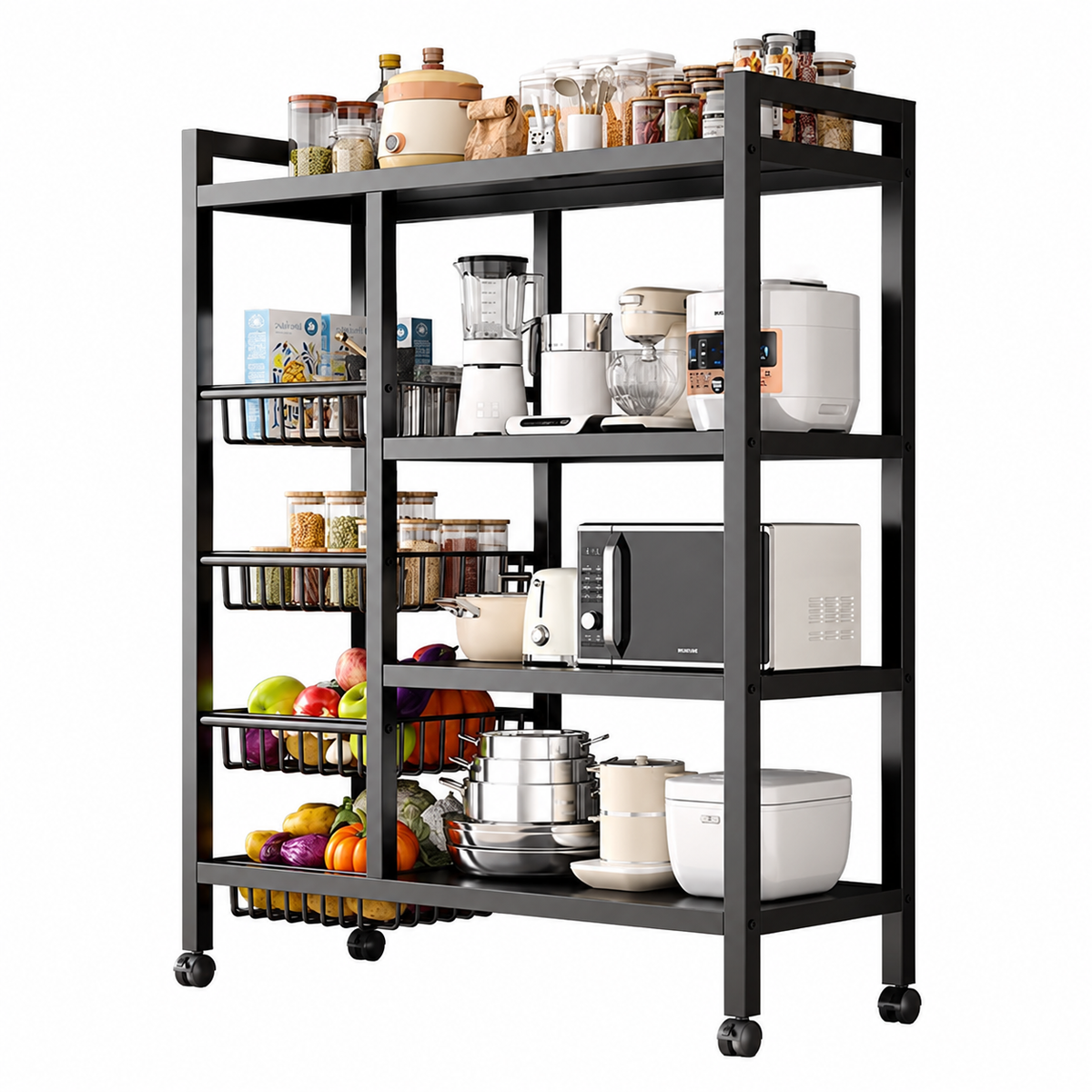 4-tier kitchen shelf with side baskets and wheels